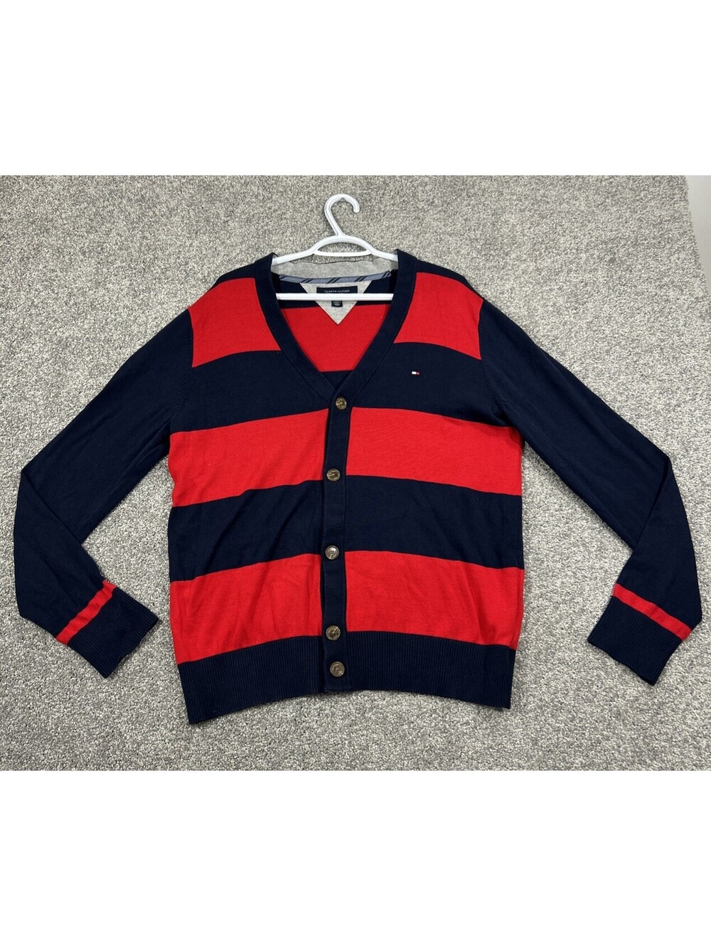 Tommy Hilfiger Cardigan Sweater L Navy Blue Striped Rugby Button Up Long Sleeve